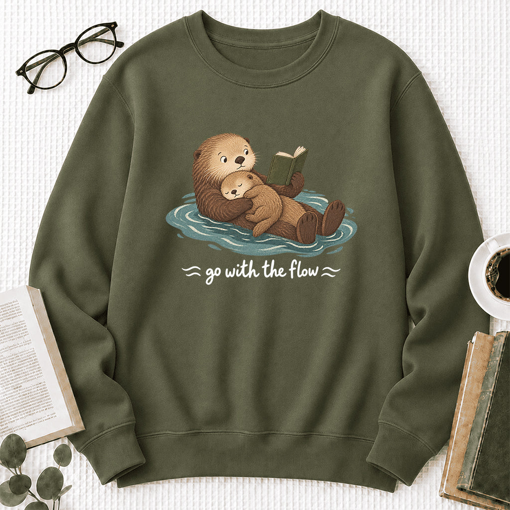 Go With The Flow Otter Reading Crewneck Sweatshirt | Reader Gift Military Green