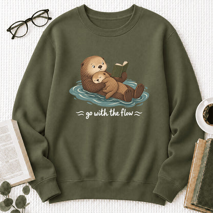 Go With The Flow Otter Reading Crewneck Sweatshirt | Reader Gift Military Green