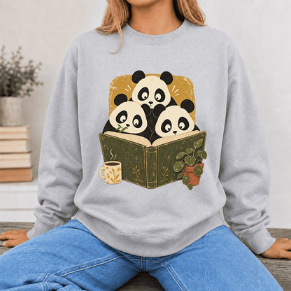 Curious Pandas Reading Crewneck Sweatshirt | Panda Lover & Reader Gift Sport Grey