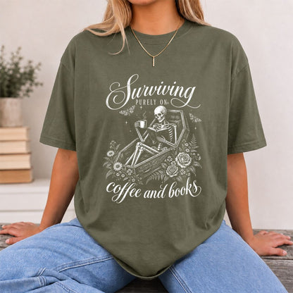 Surviving Purely On Coffee And Books Printed T-Shirt | Halloween Book Lover Gift Military Green
