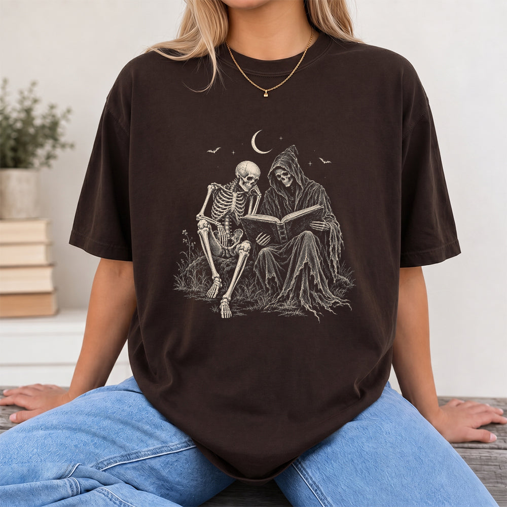 Halloween Reading Buddies Printed T-Shirt | Halloween Book Lover Gift Dark Chocolate