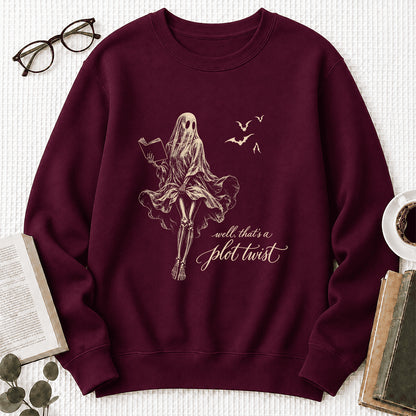 Funny Dress-Wearing Bookworm Ghost Printed Sweatshirt | Halloween Reader Gift Maroon