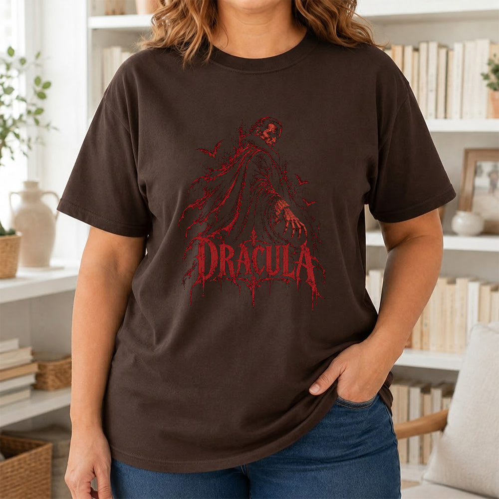 Dracula Printed T-Shirt | Halloween Horror Book Lover Gift Dark Chocolate