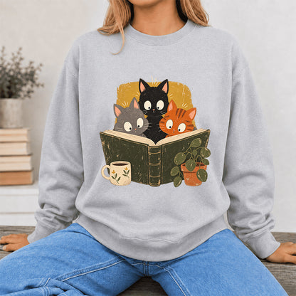 Minimal Japanese Cats Reading Crewneck Sweatshirt | Reader Gift Sport Grey