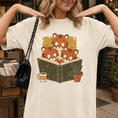 Minimal Japanese Tigers Reading Softstyle T-Shirt | Book Lover Gift Natural