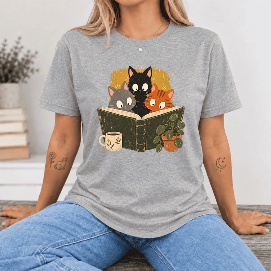 Curious Reading Cats Ultra-Soft Cotton T-Shirt | Cat Lover Reader Gift Athletic Heather