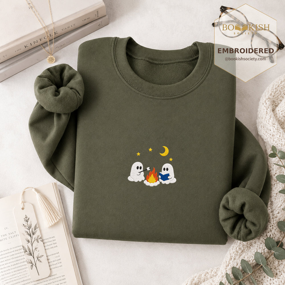 Cute Ghost Camping Embroidered Sweatshirt | Reader Gift Military Green