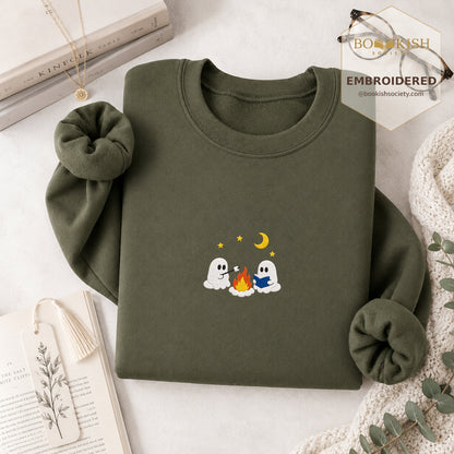 Cute Ghost Camping Embroidered Sweatshirt | Reader Gift Military Green