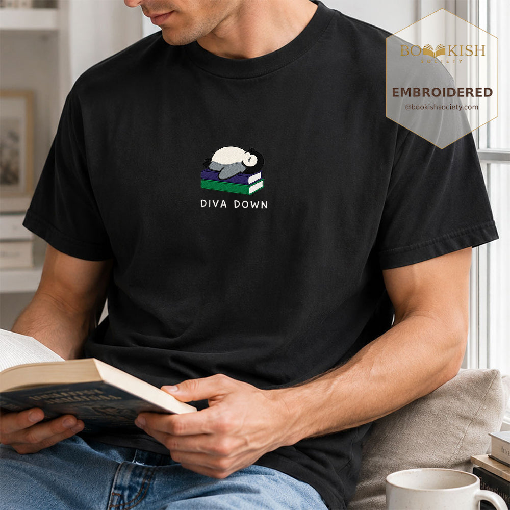 Embroidered Diva Down Penguin Comfort Color® T-shirt Book Lover Gift Black