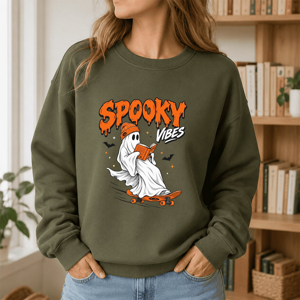 Spooky Vibes Printed Sweatshirt | Halloween Reader Gift Military Green