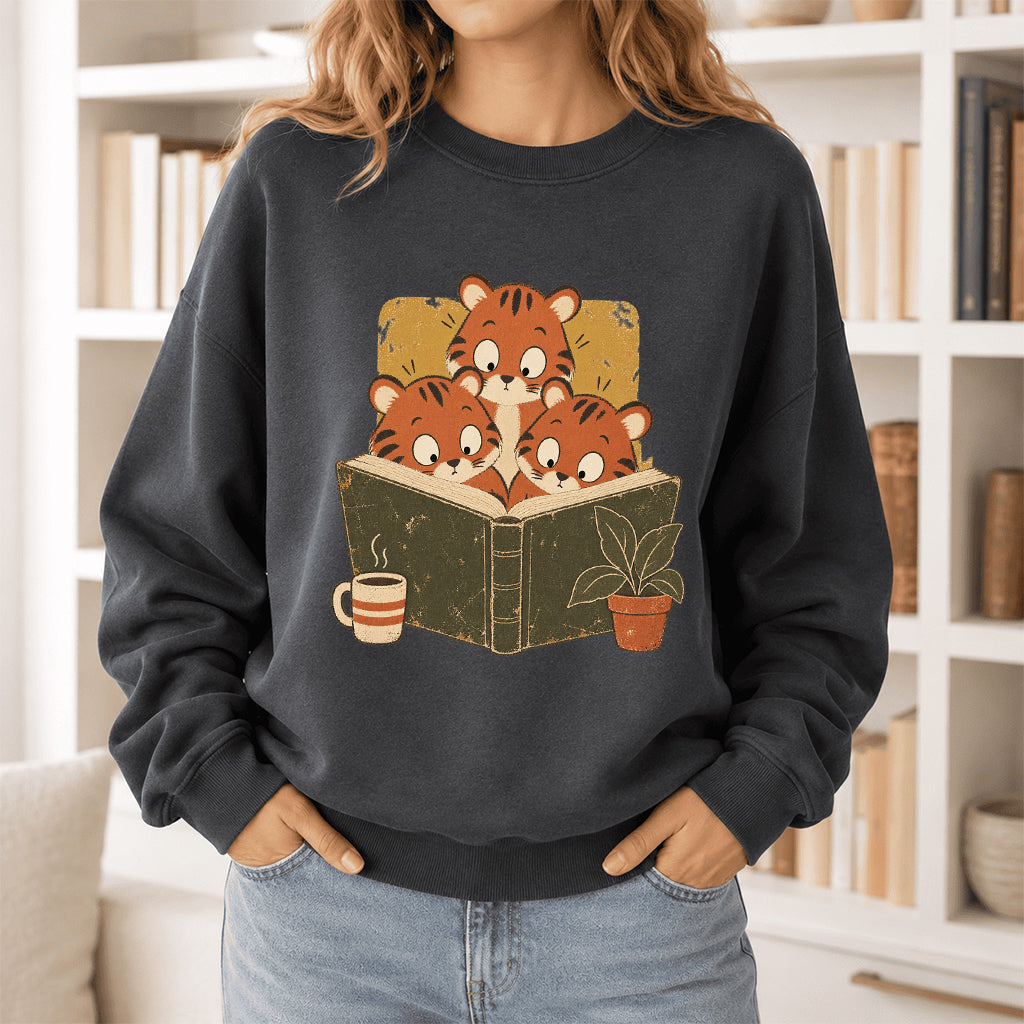 Minimal Japanese Tigers Reading Crewneck Sweatshirt | Reader Gift Dark Heather