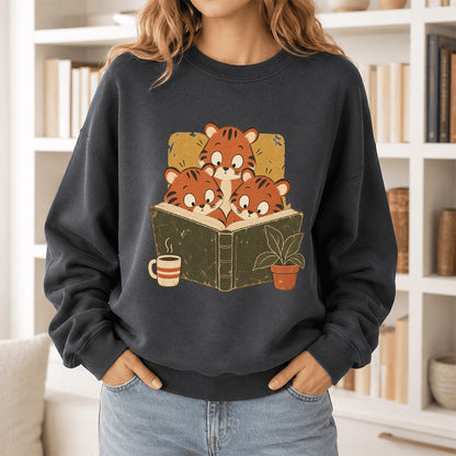 Minimal Japanese Tigers Reading Crewneck Sweatshirt | Reader Gift Dark Heather