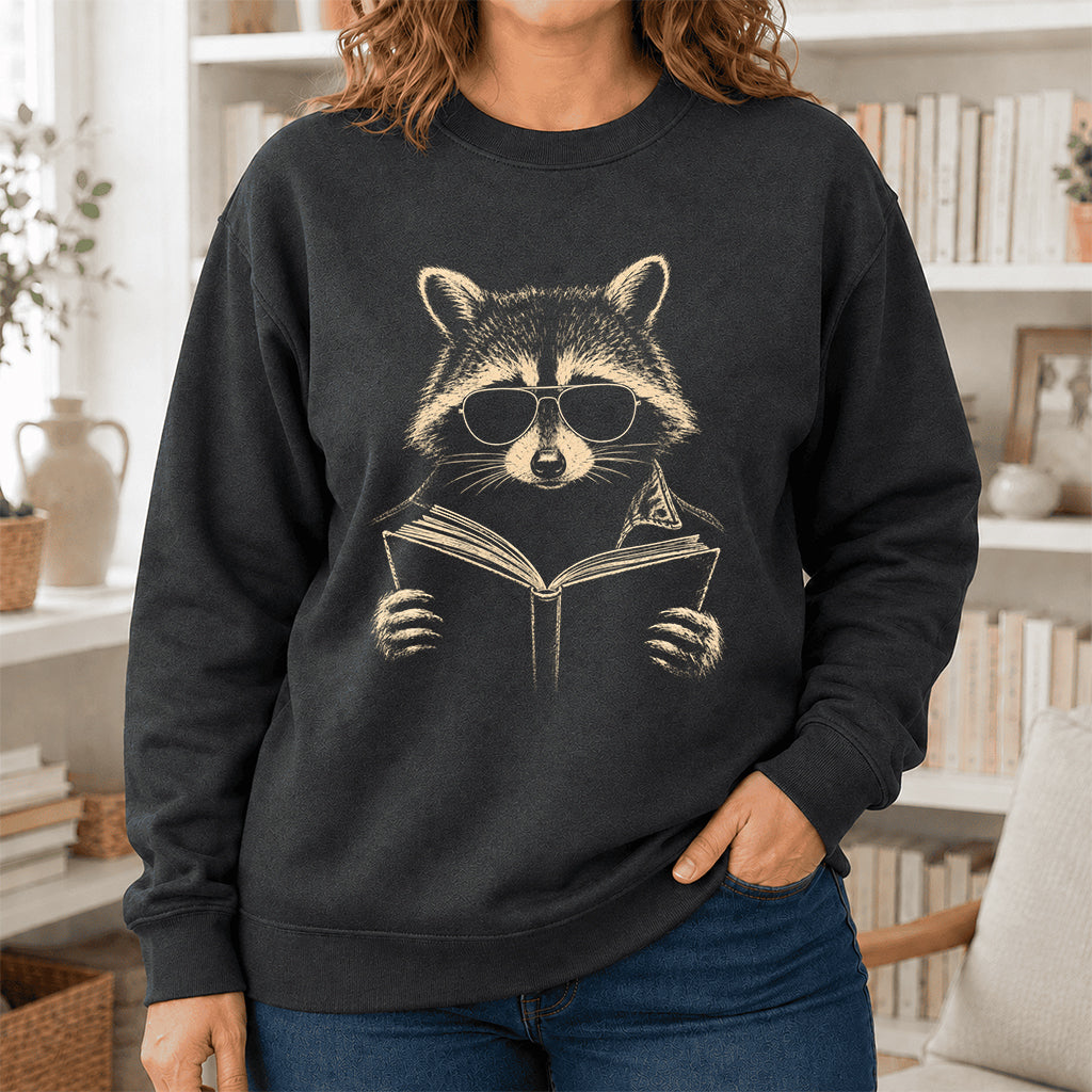 Raccoon Reading Book Crewneck Sweatshirt | Reader Gift Dark Heather