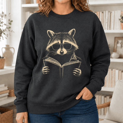 Raccoon Reading Book Crewneck Sweatshirt | Reader Gift Dark Heather