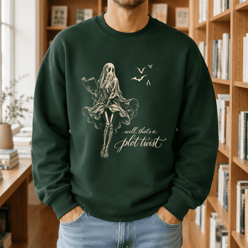 Funny Dress-Wearing Bookworm Ghost Printed Sweatshirt | Halloween Reader Gift Forest Green
