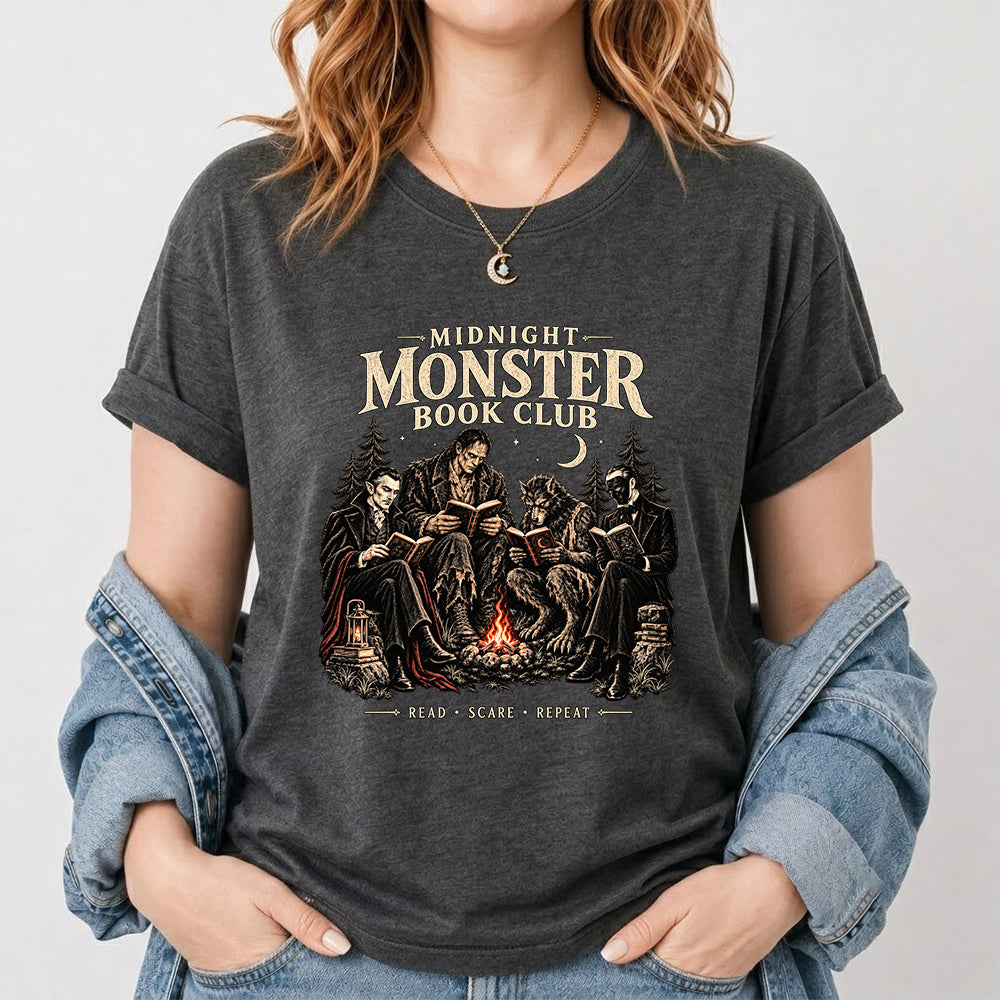 Midnight Monster Book Club Printed T-Shirt | Halloween Book Lover Gift Dark Heather