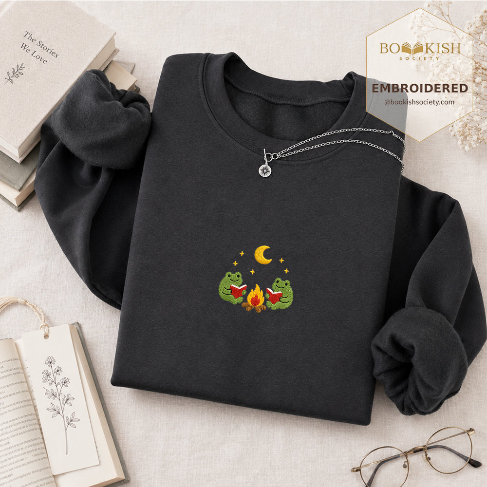Frog Campfire Embroidered Sweatshirt | Reader Gift Dark Heather
