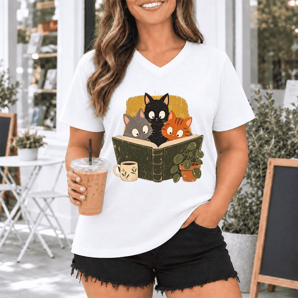 Curious Reading Cats Ultra-Soft V-Neck | Cat Lover Reader Gift White