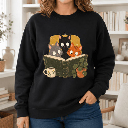 Minimal Japanese Cats Reading Crewneck Sweatshirt | Reader Gift Black