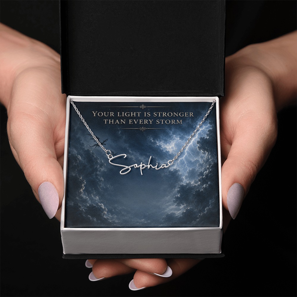 Your Light Is Stronger Decorative Card And Custom Name Polished Stainless Steel Necklace With Box Book Lover Gift Font 2