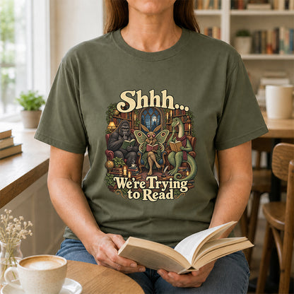 Shh... We Trying To Read Cotton T-Shirt | Midnight Reader Gift Military Green
