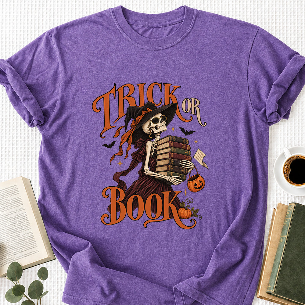 Trick Or Book Lady Printed T-Shirt | Halloween Book Lover Gift Heather Purple