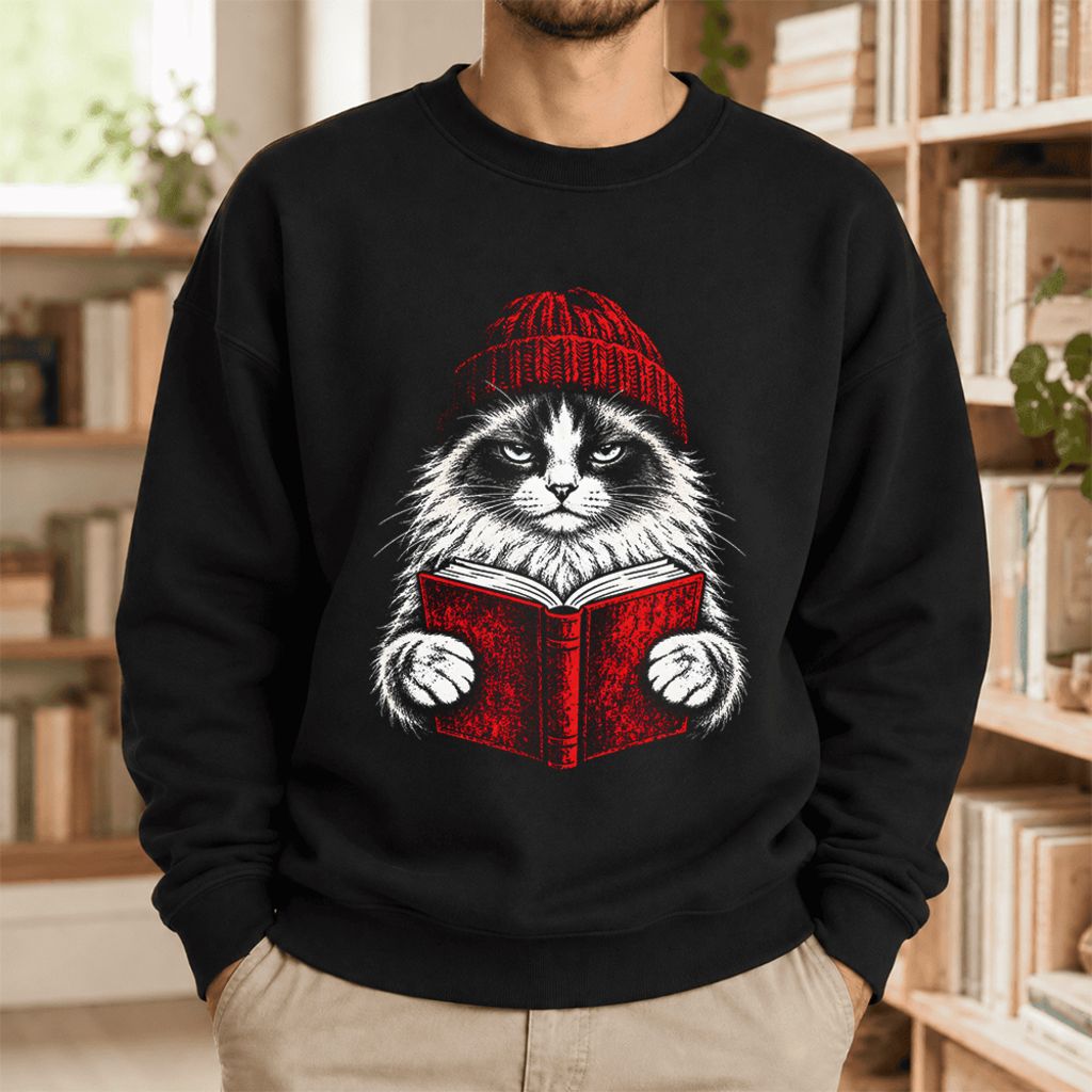 Vintage Reading Cat Ragdoll Softstyle Sweatshirt | Christmas Reader Gift Black