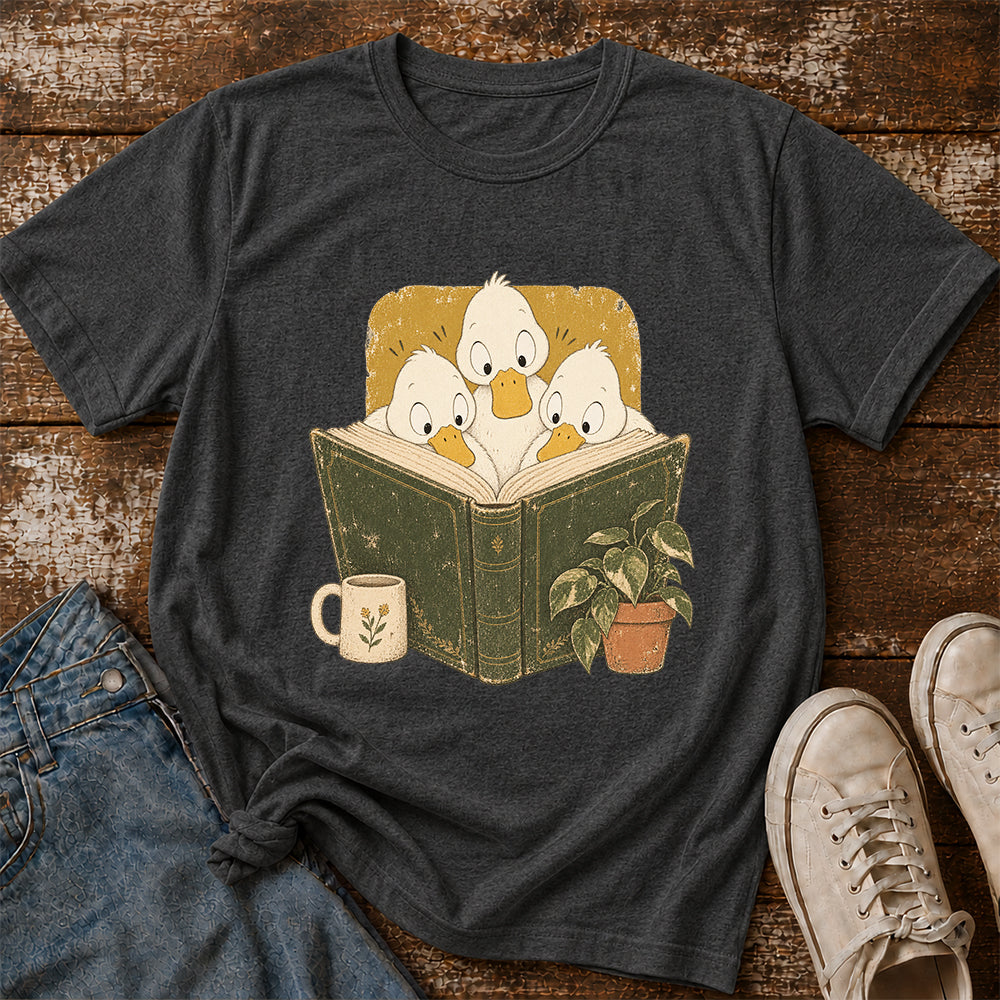 Minimal Japanese Ducks Reading Softstyle T-Shirt | Book Lover Gift Dark Heather