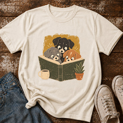 Minimal Japanese Dogs Reading Softstyle T-Shirt | Book Lover Gift Natural