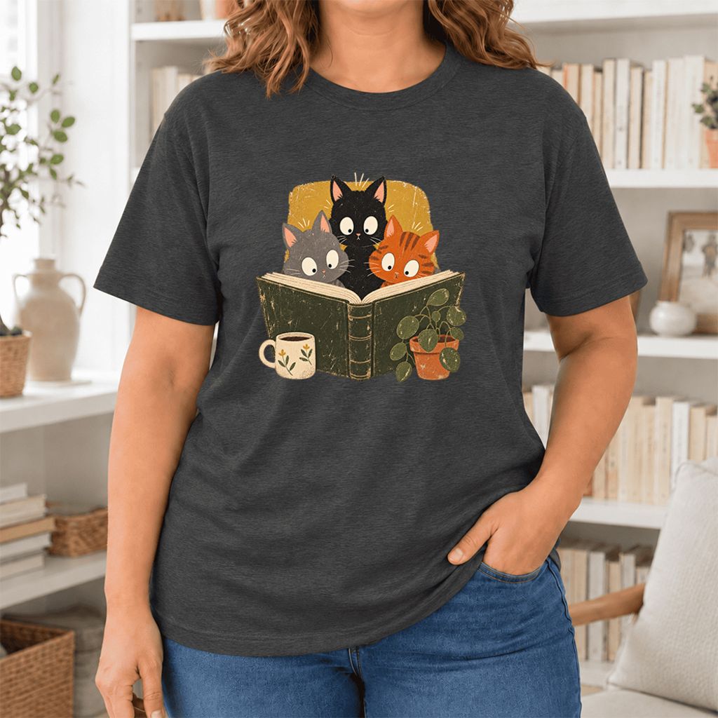 Curious Reading Cats Ultra-Soft Cotton T-Shirt | Cat Lover Reader Gift Dark Grey Heather
