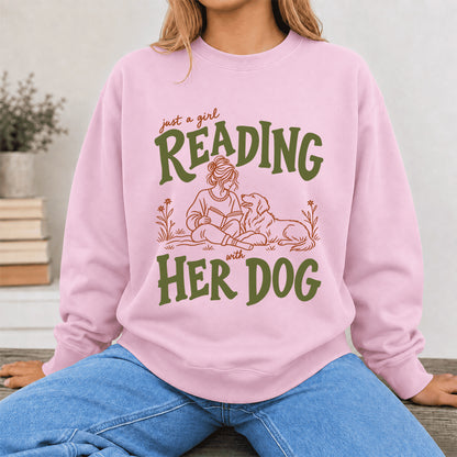 Just A Girl Reading With Her Dog Crewneck Sweatshirt | Reader Gift Light Pink