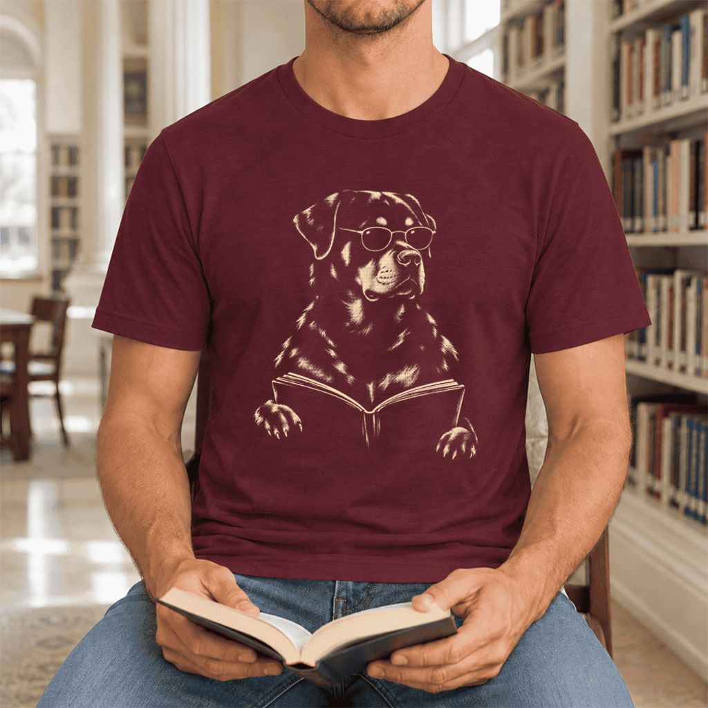Rottweiler Reading Book Ultra-Soft Cotton T-Shirt | Dog Mom Reader Gift Maroon