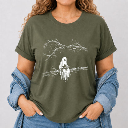 Reading Ghost With Black Cat Printed T-Shirt | Halloween Cat Lover Reader Gift Military Green