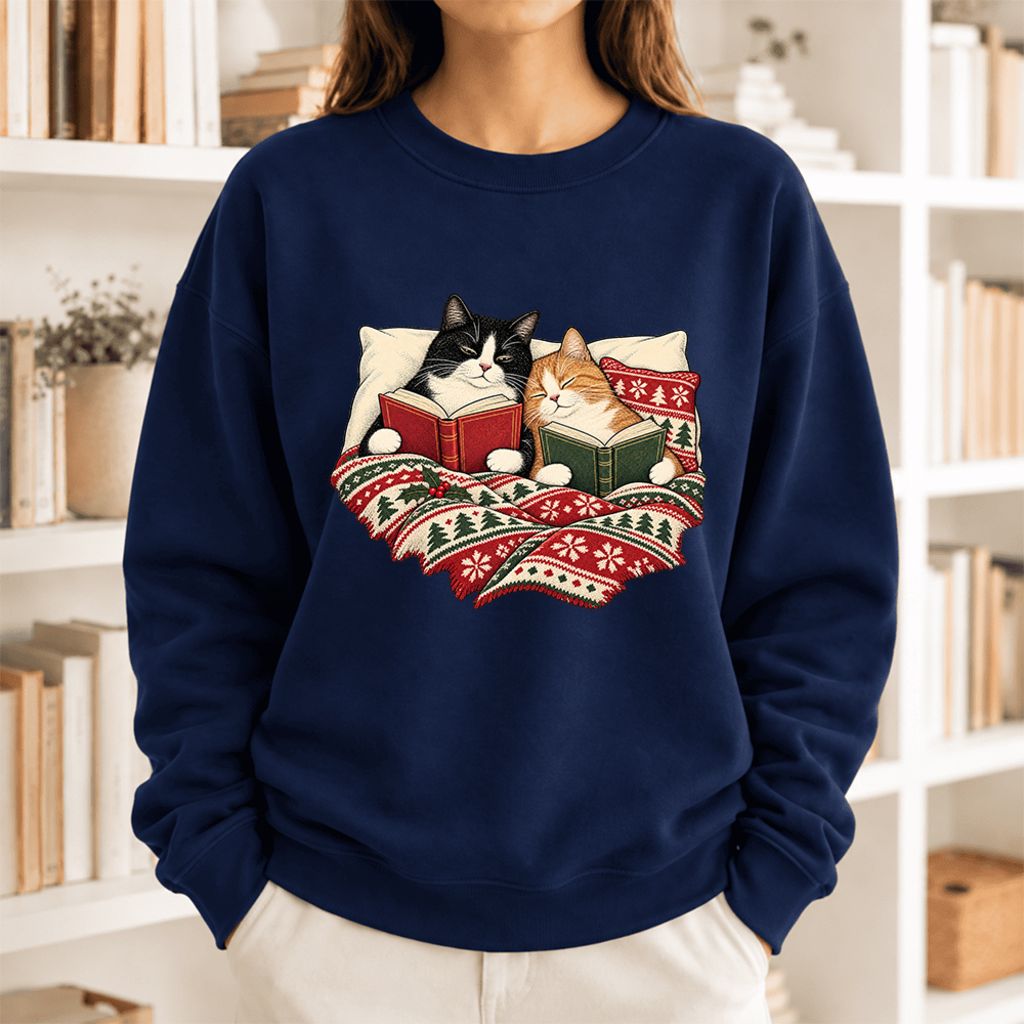 Christmas Reading Cat Couple Softstyle Sweatshirt | Cozy Christmas Gift Navy