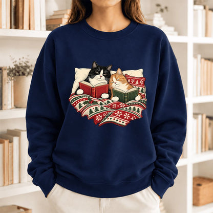 Christmas Reading Cat Couple Softstyle Sweatshirt | Cozy Christmas Gift Navy