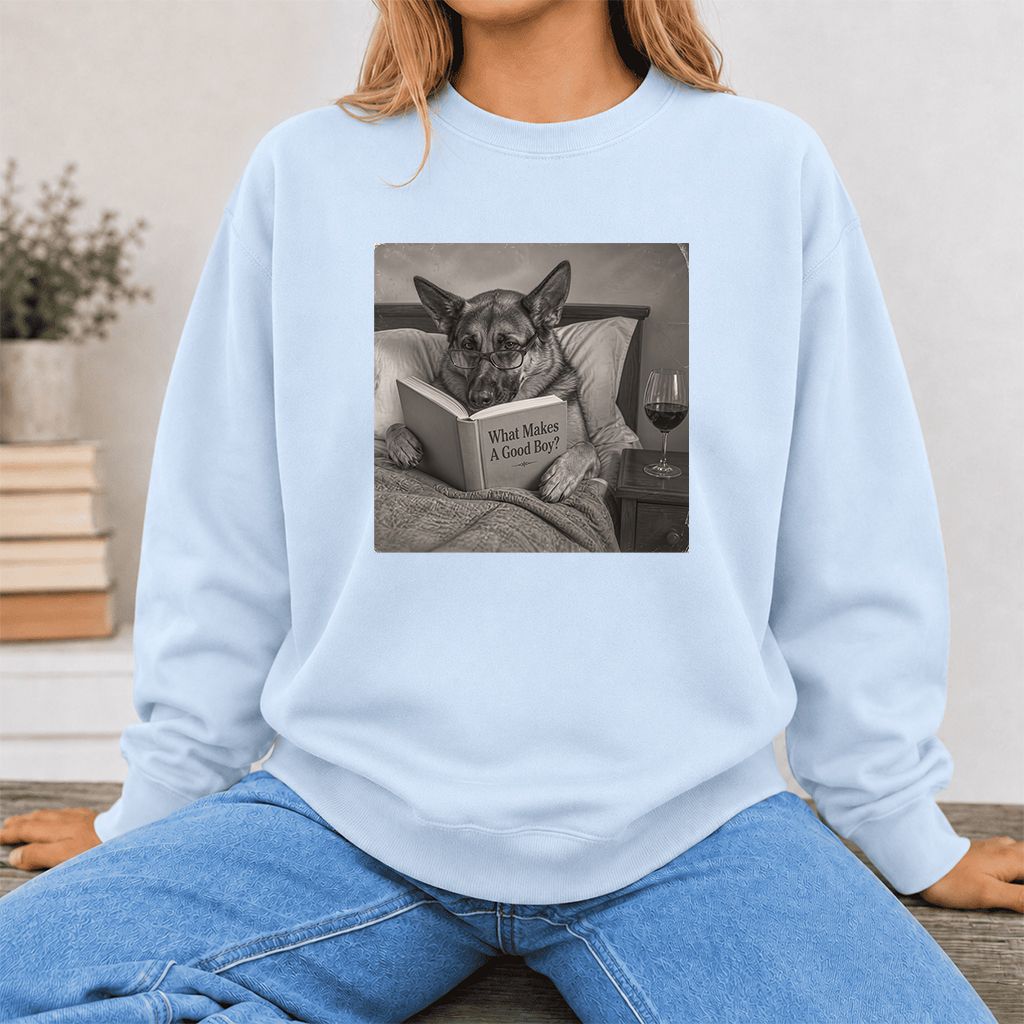 What Makes A Good Boy Crewneck Sweatshirt | Dog Lover Reader Gift Light Blue