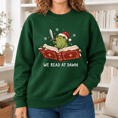 We Read At Dawn Frog Softstyle Sweatshirt | Christmas Book Lover Gift Forest Green