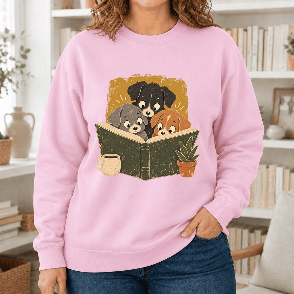 Minimal Japanese Dogs Reading Crewneck Sweatshirt | Reader Gift Light Pink