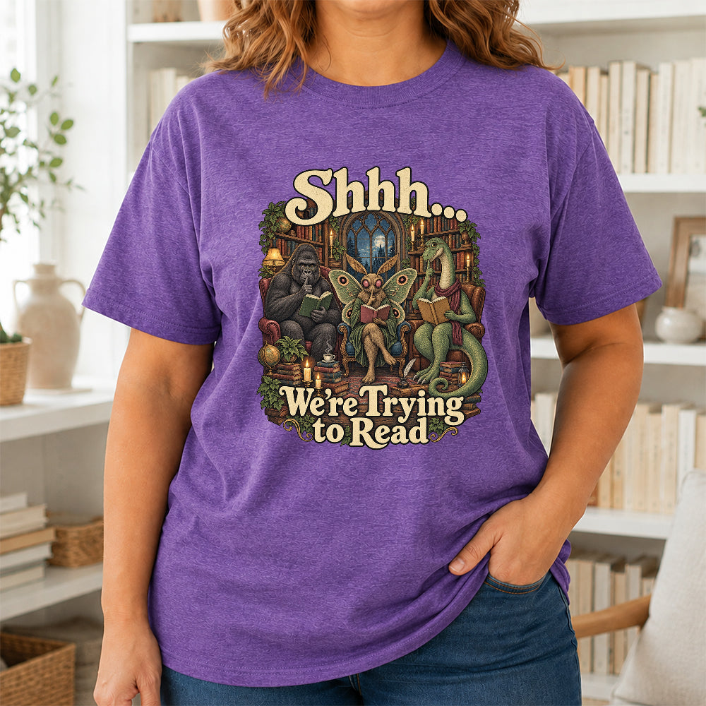 Shh... We Trying To Read Cotton T-Shirt | Midnight Reader Gift Heather Purple