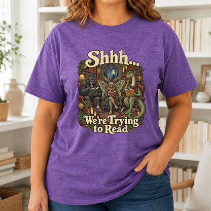 Shh... We Trying To Read Cotton T-Shirt | Midnight Reader Gift Heather Purple