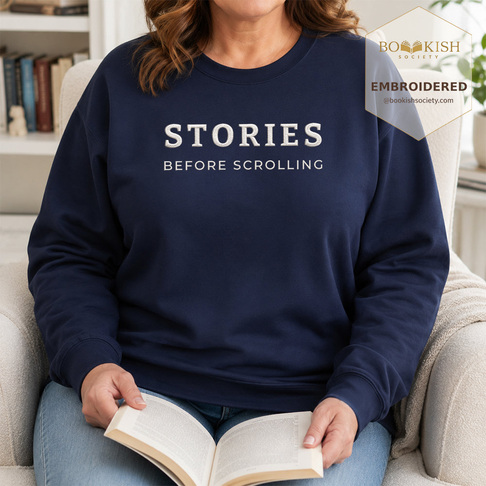 Stories Before Scrolling Embroidered Sweatshirt | Reader Gift Navy