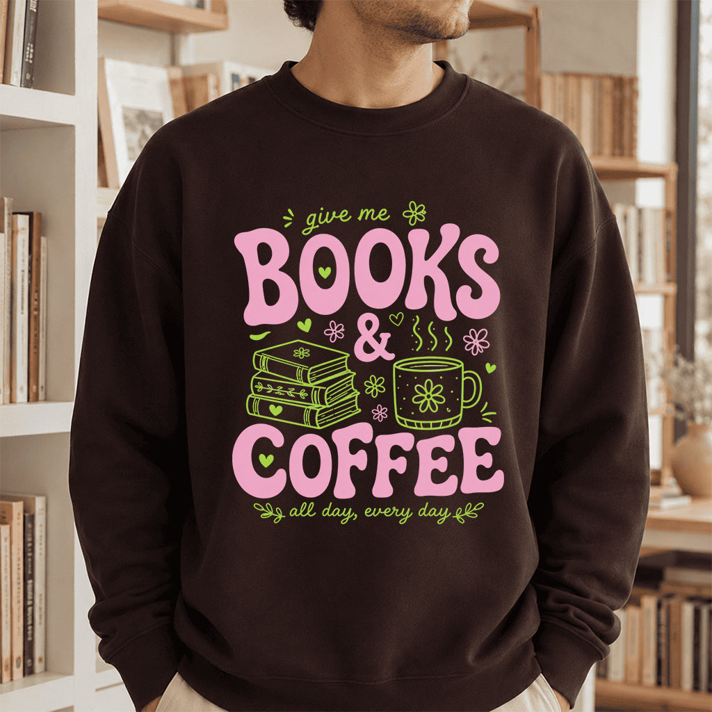 Books and Coffee Crewneck Sweatshirt | Reader Gift Dark Chocolate