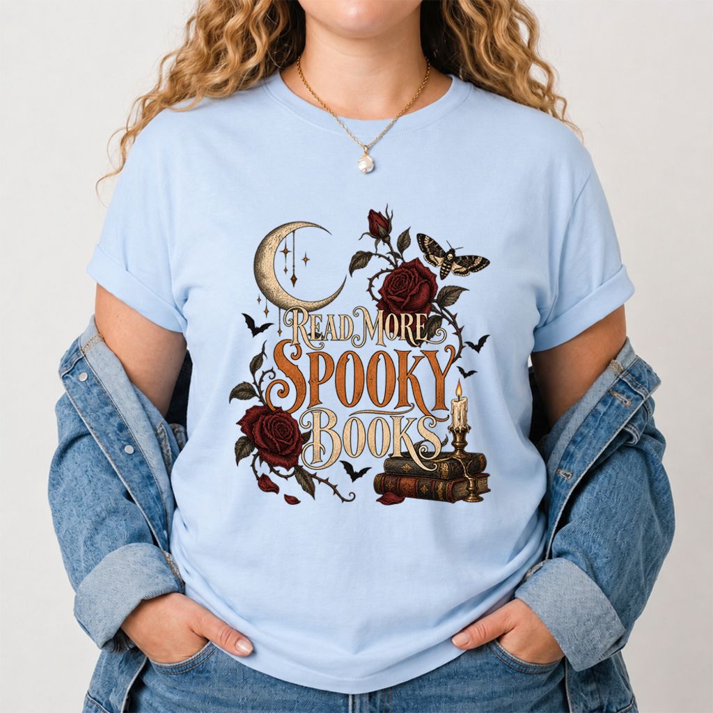 Read More Spooky Books Printed T-Shirt | Halloween Book Lover Gift Light Blue
