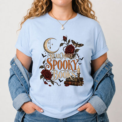 Read More Spooky Books Printed T-Shirt | Halloween Book Lover Gift Light Blue
