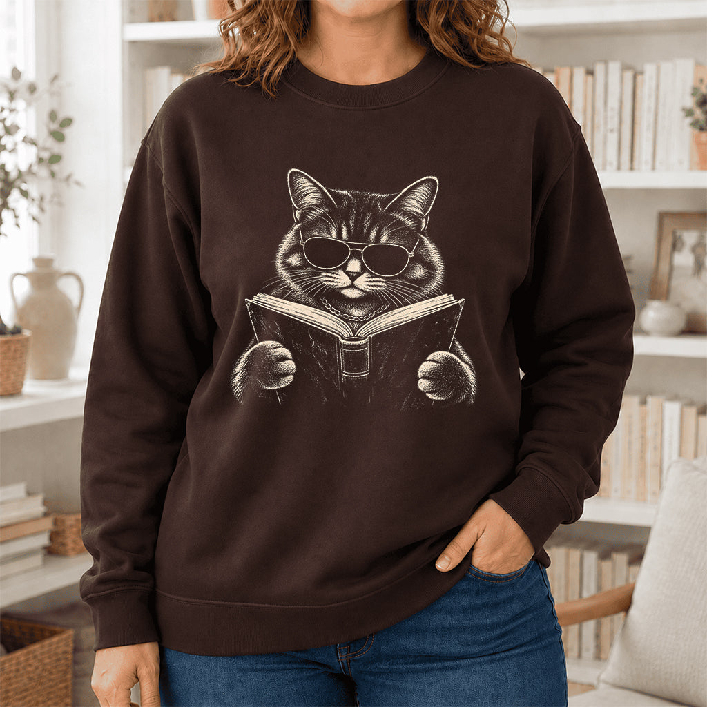 Cat Reading Book Crewneck Sweatshirt | Reader Gift Dark Chocolate