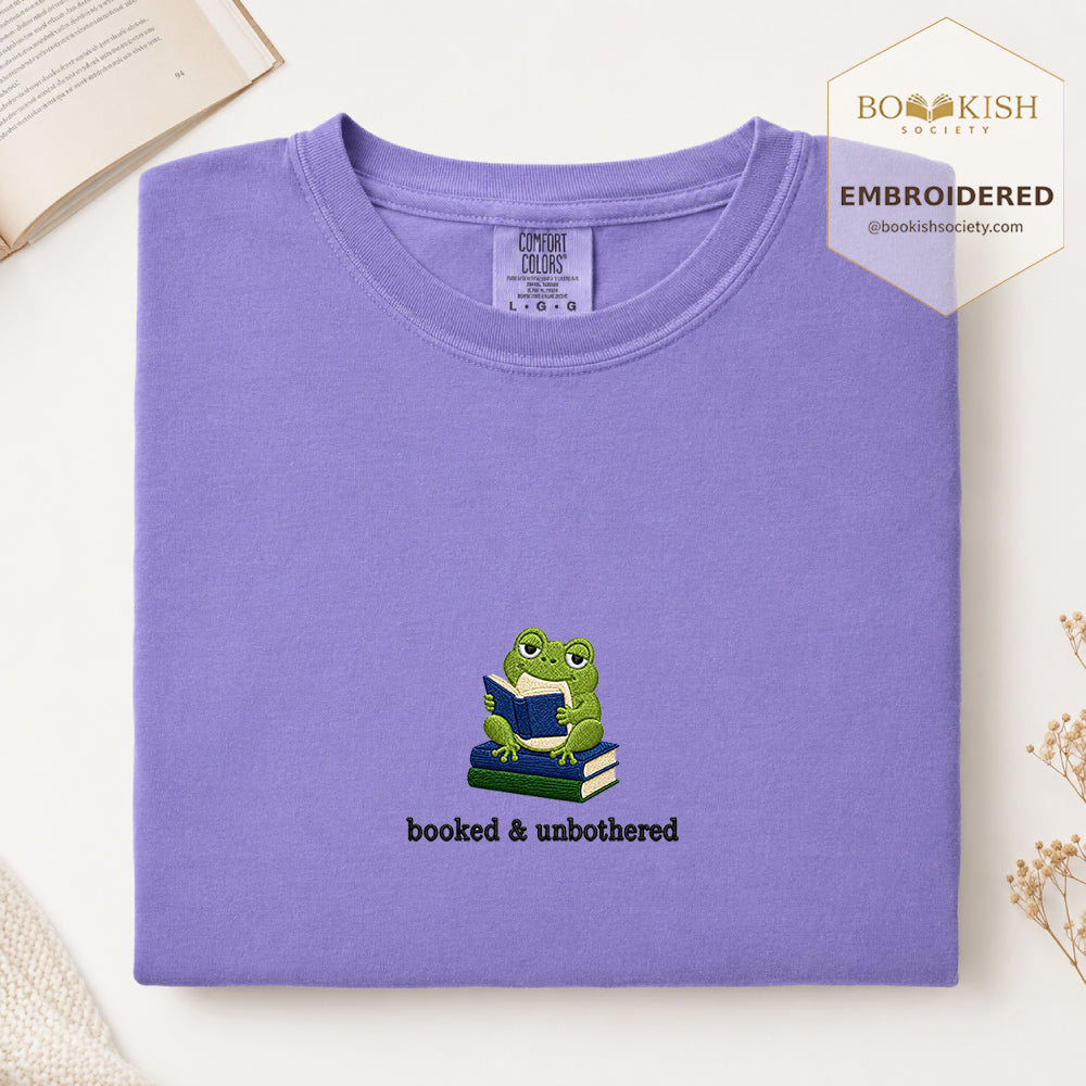 Booked and Unbothered Embroidered Comfort Color® T-shirt | Book Lover Gift Violet