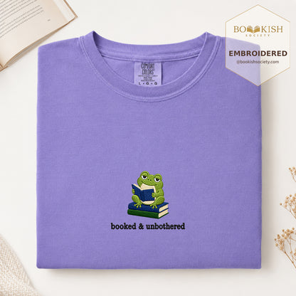 Booked and Unbothered Embroidered Comfort Color® T-shirt | Book Lover Gift Violet
