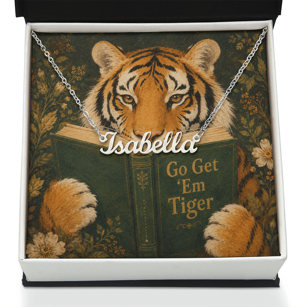 Motivational Tiger Reading Decorative Card And Custom Name Polished Stainless Steel Necklace With Box Book Lover Gift Font 1
