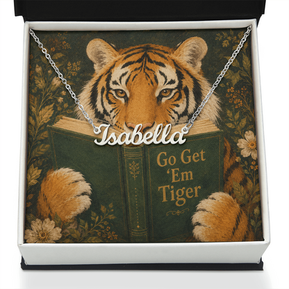 Motivational Tiger Reading Decorative Card And Custom Name Polished Stainless Steel Necklace With Box Book Lover Gift Font 1