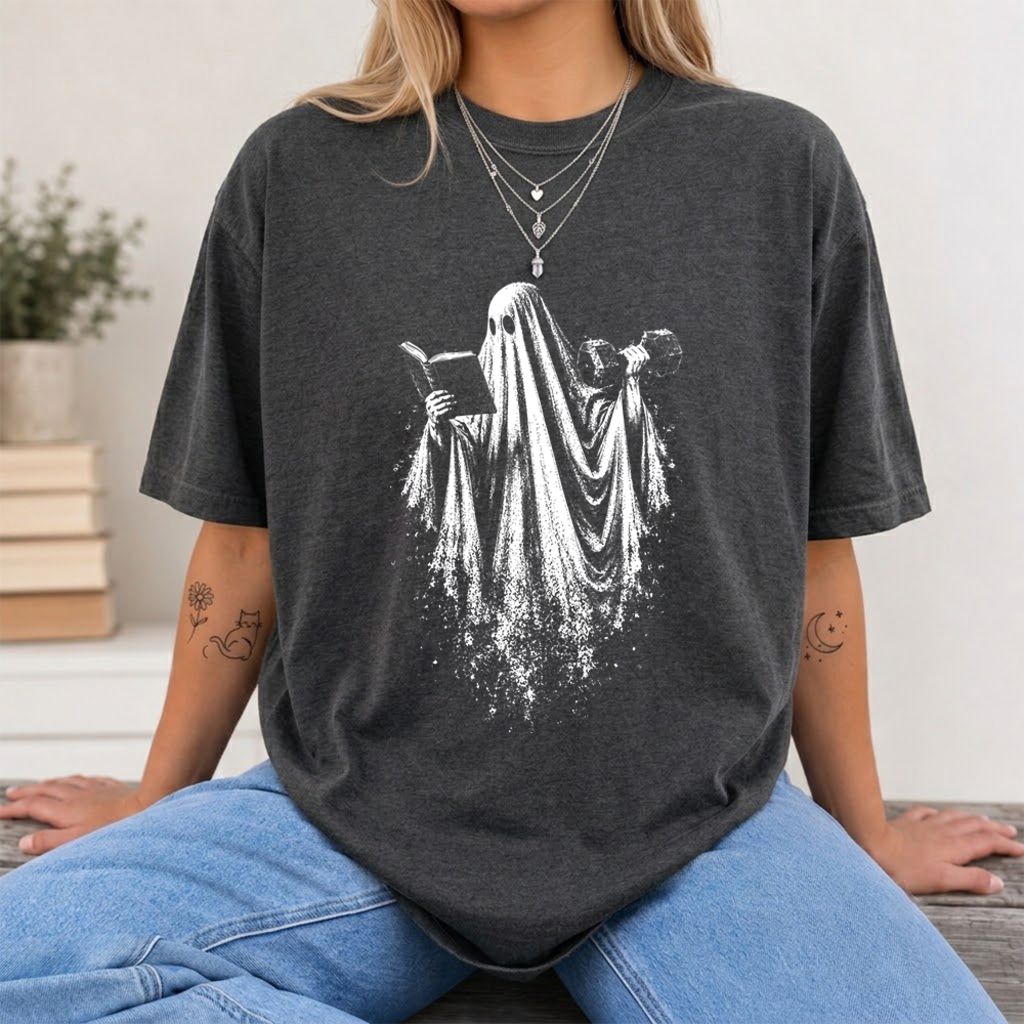 Reading Gym Ghost Printed T-Shirt | Halloween Book Lover Gift Dark Heather